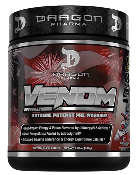 Dragon Pharma Venom Extreme bottle ready for a high-energy pre-workout session and focus.