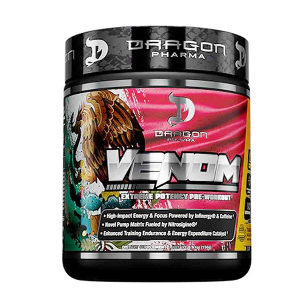 Dragon Pharma Venom Extreme pre-workout bottle in tamarindo aqua fresca flavor for energized workouts.