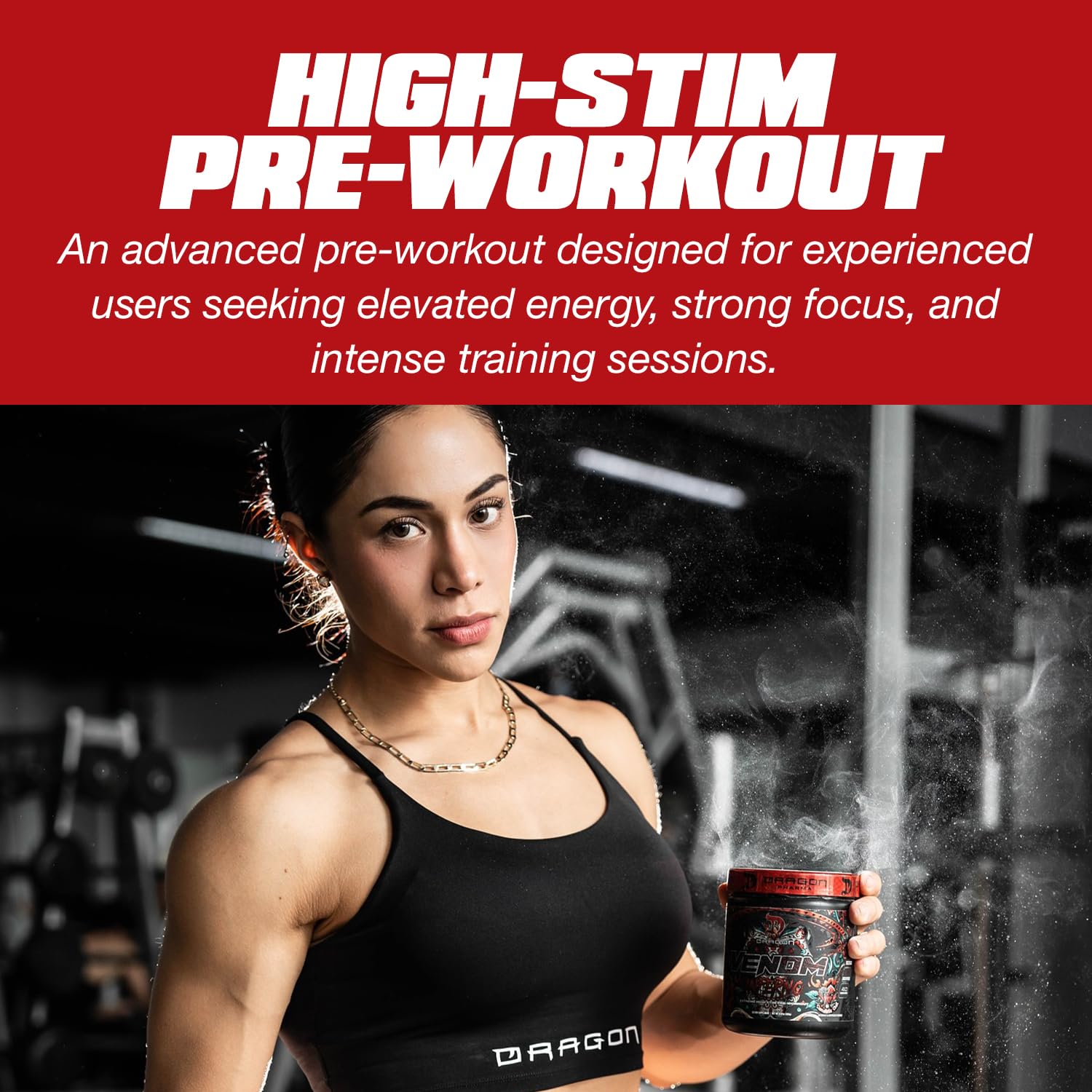 Close-up of Venom Inferno can cap highlighting caffeine content for intense training energy.