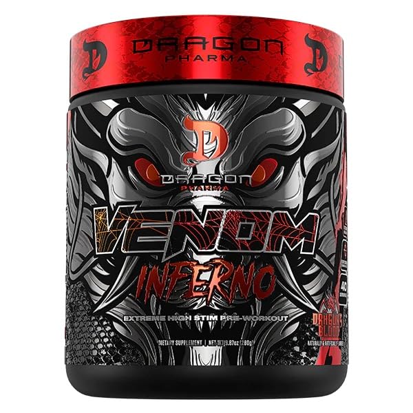 Dragon Pharma Venom Inferno front label highlighting high-stim formula for explosive workouts