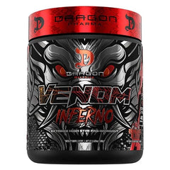 Dragon Pharma Venom Inferno front label highlighting high-stim formula for explosive workouts
