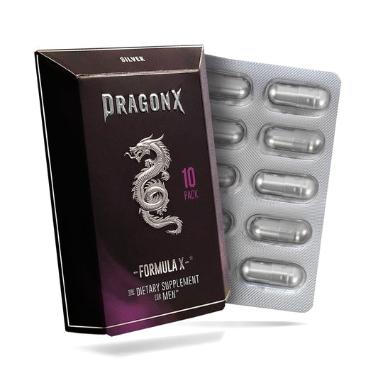 DragonX Silver bottle front view highlighting fast-acting stamina support capsules.