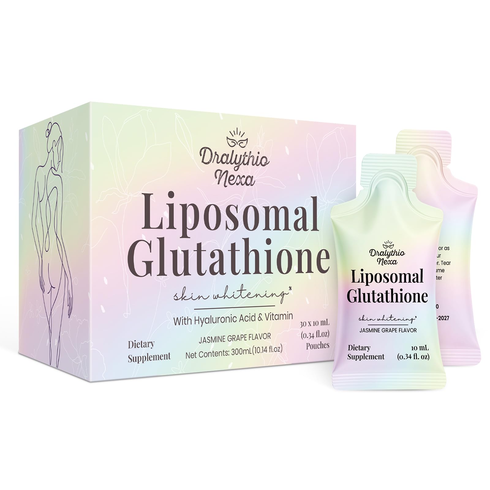 DRALYTHIO NEXA liposomal glutathione bottle shows a grape jasmine flavor for daily glow.