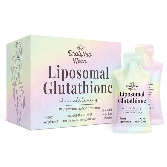 DRALYTHIO NEXA liposomal glutathione bottle shows a grape jasmine flavor for daily glow.