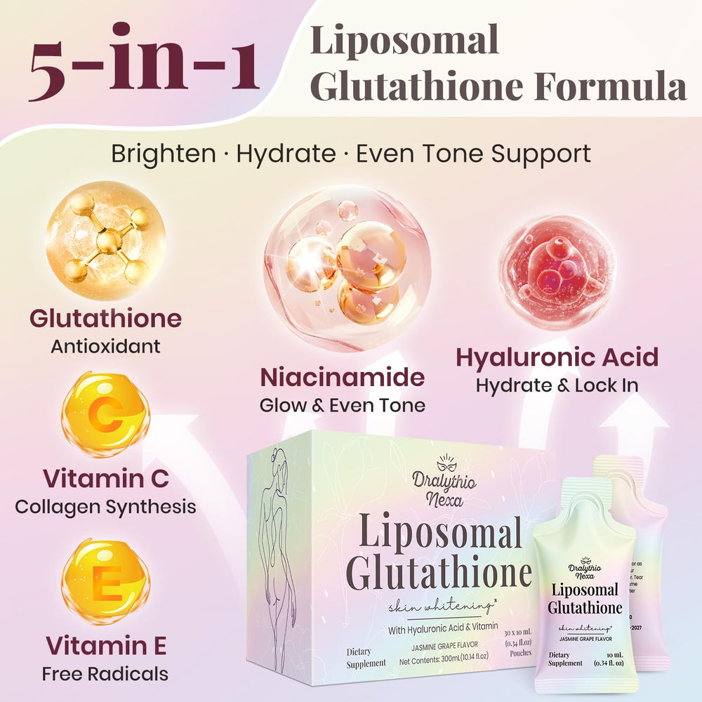 DRALYTHIO NEXA liposomal glutathione foil pouch highlights sugar-free formula.