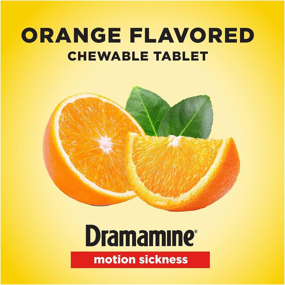 Front of Dramamine box showing chewable tablets and dosage guidelines
