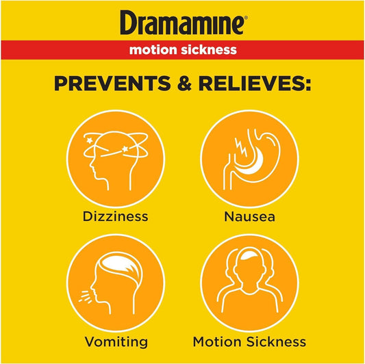 Dramamine orange-flavor chewables for portable nausea relief