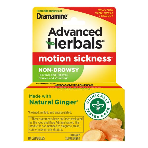 Dramamine bottle with front label highlighting non-drowsy formula for travel.