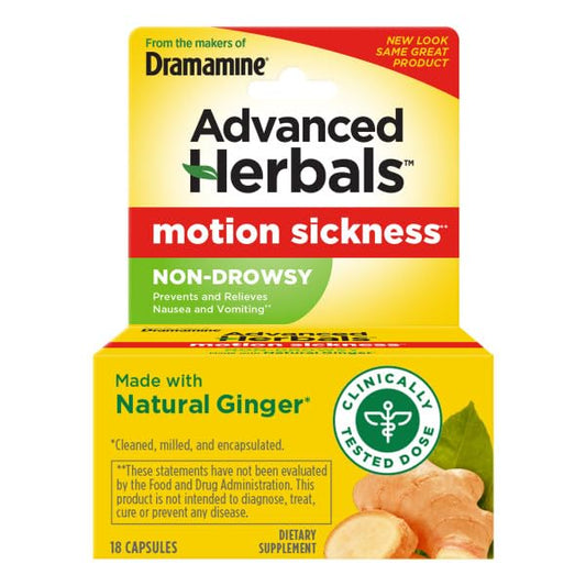 Dramamine bottle with front label highlighting non-drowsy formula for travel.