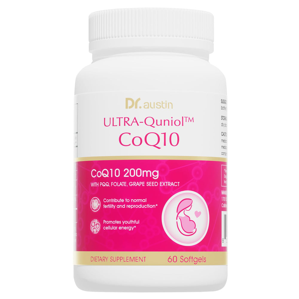 DR.AUSTIN CoQ10 200mg softgels bottle front signaling fertility support and energy.