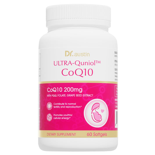 DR.AUSTIN CoQ10 200mg softgels bottle front signaling fertility support and energy.