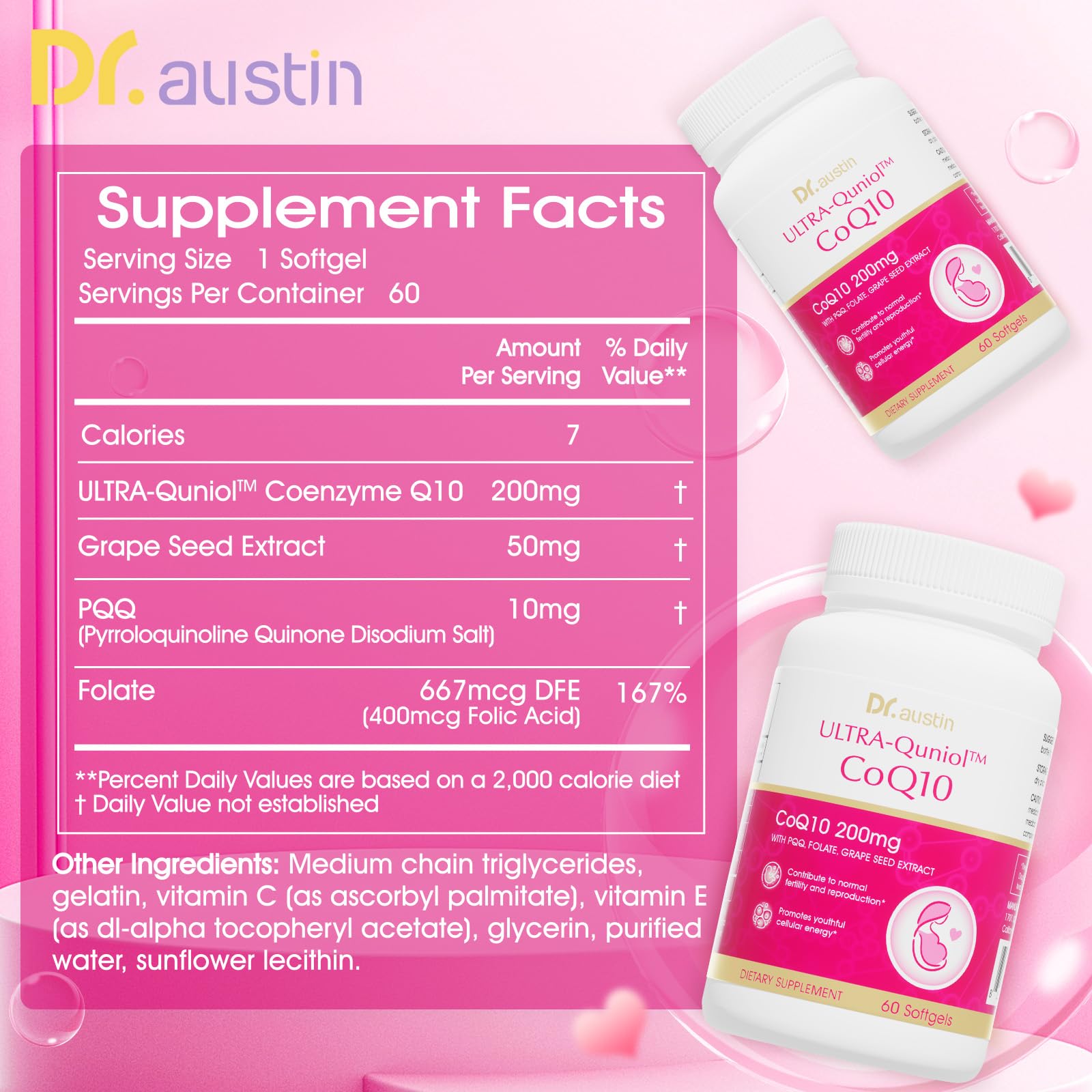 DR.AUSTIN CoQ10 bottle side showing 64X absorption and ubiquinol content.