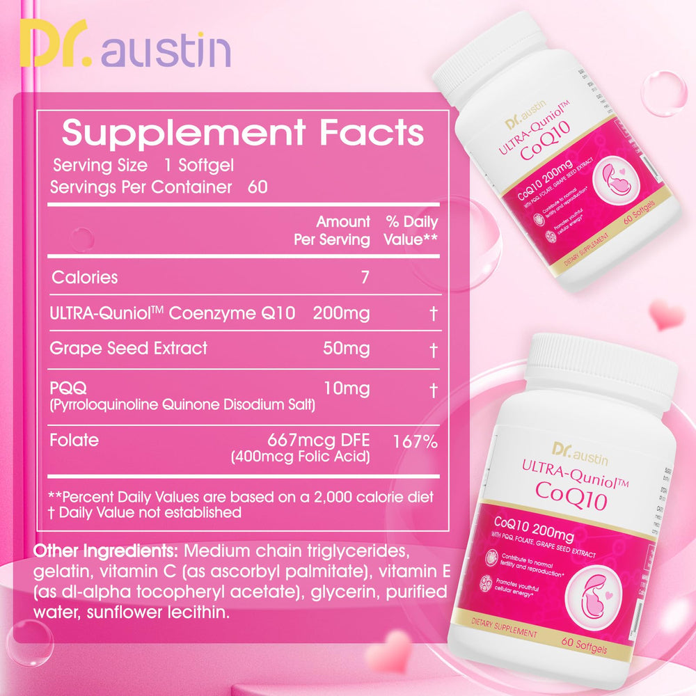 DR.AUSTIN CoQ10 bottle side showing 64X absorption and ubiquinol content.