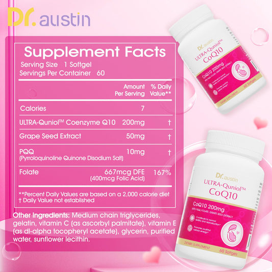 DR.AUSTIN CoQ10 bottle side showing 64X absorption and ubiquinol content.