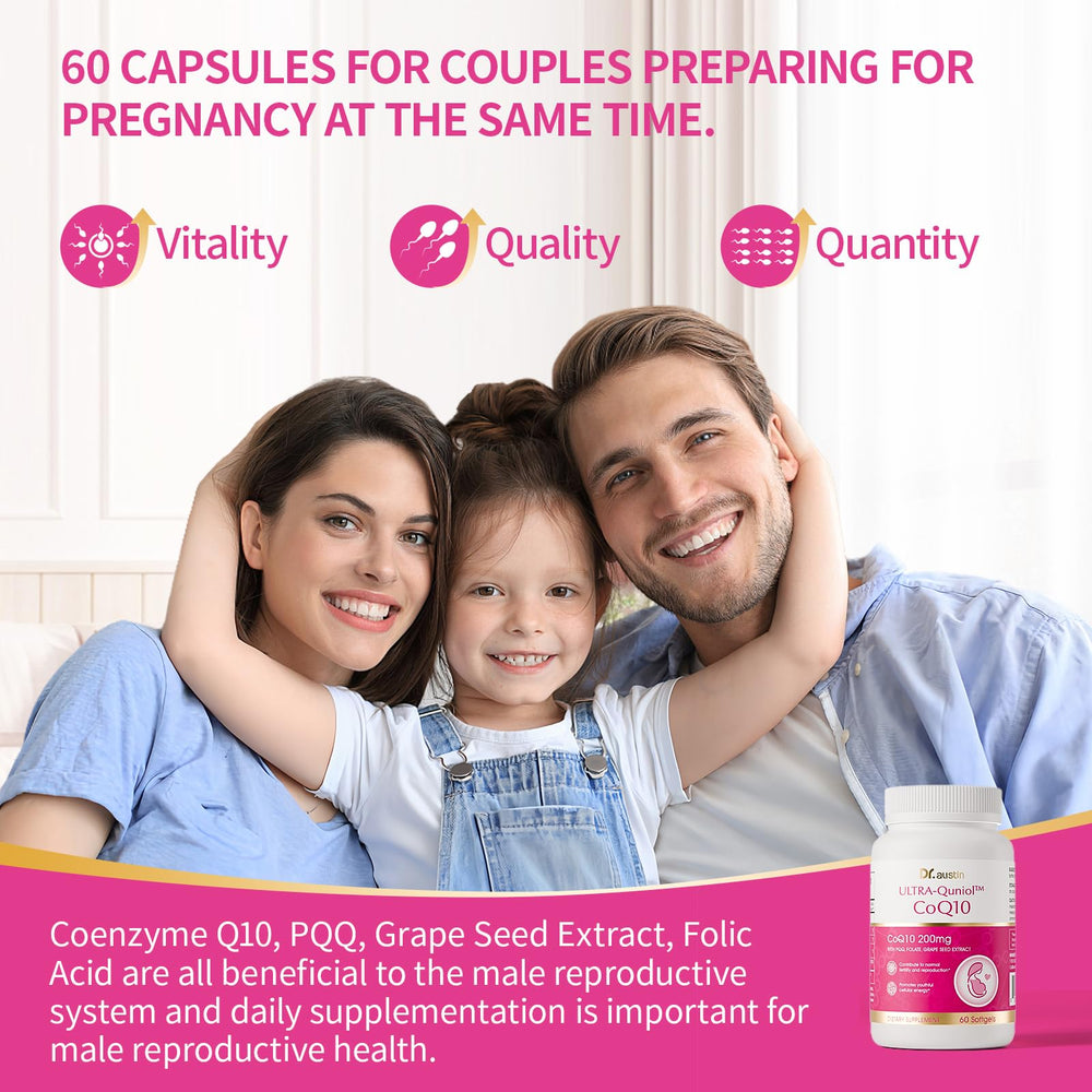 DR.AUSTIN CoQ10 200mg softgels label emphasizing safety and quality.