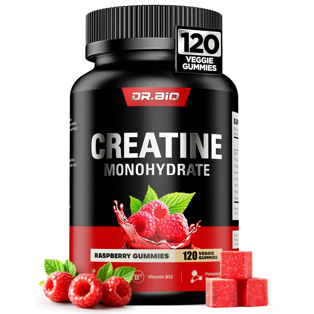 DR.BIO Instant Boost Creatine Gummies bottle on gym bench for clean energy.