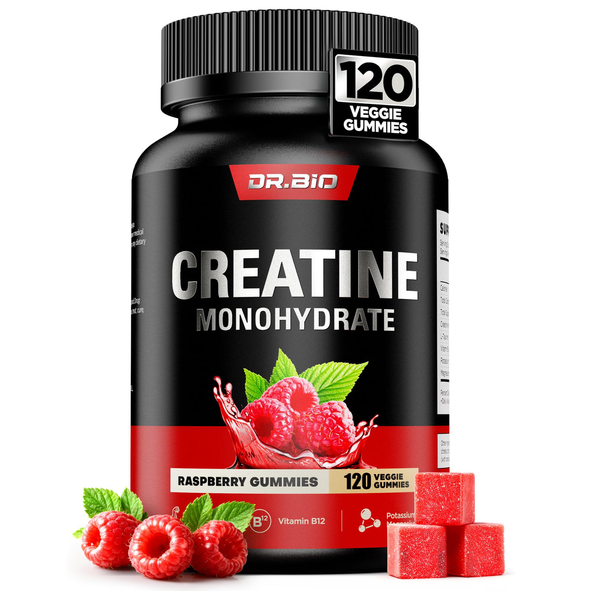 DR.BIO Instant Boost Creatine Gummies bottle on gym bench for clean energy.