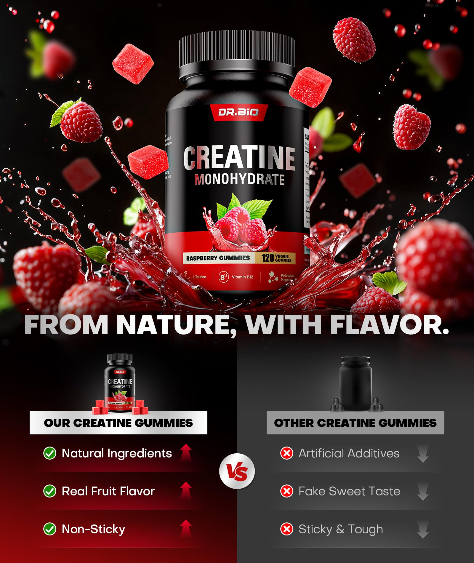 DR.BIO vegan, sugar-free formula beside fitness gear.