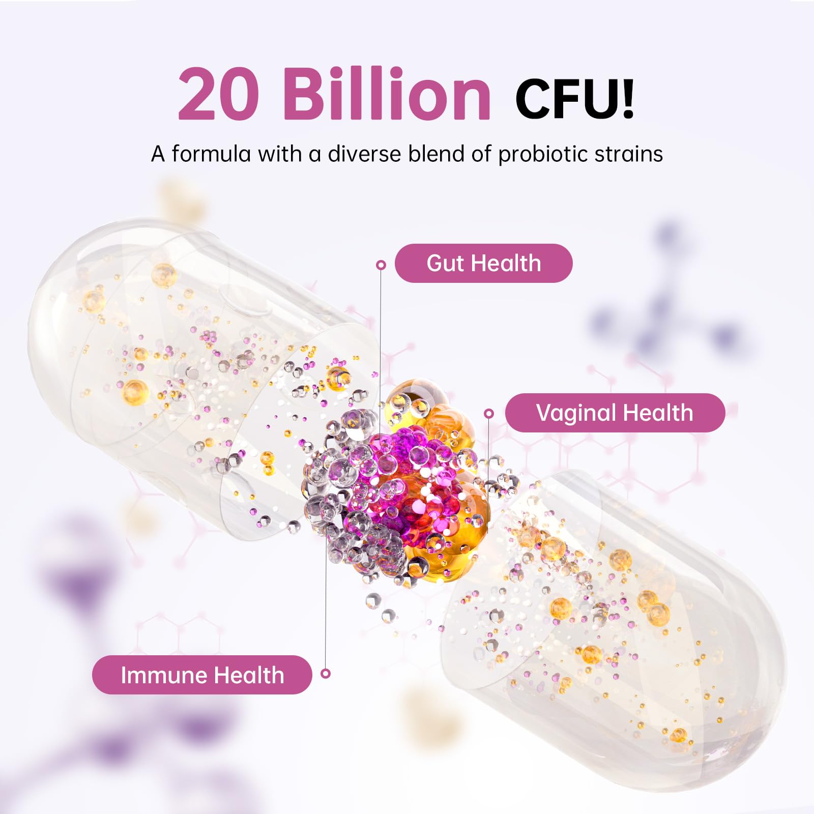 DrBioCare Digestive Health capsules close-up highlighting probiotic strains.