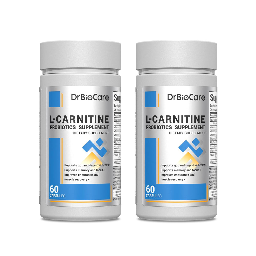 DrBioCare L-Carnitine Probiotics bottle with capsules for everyday energy support.