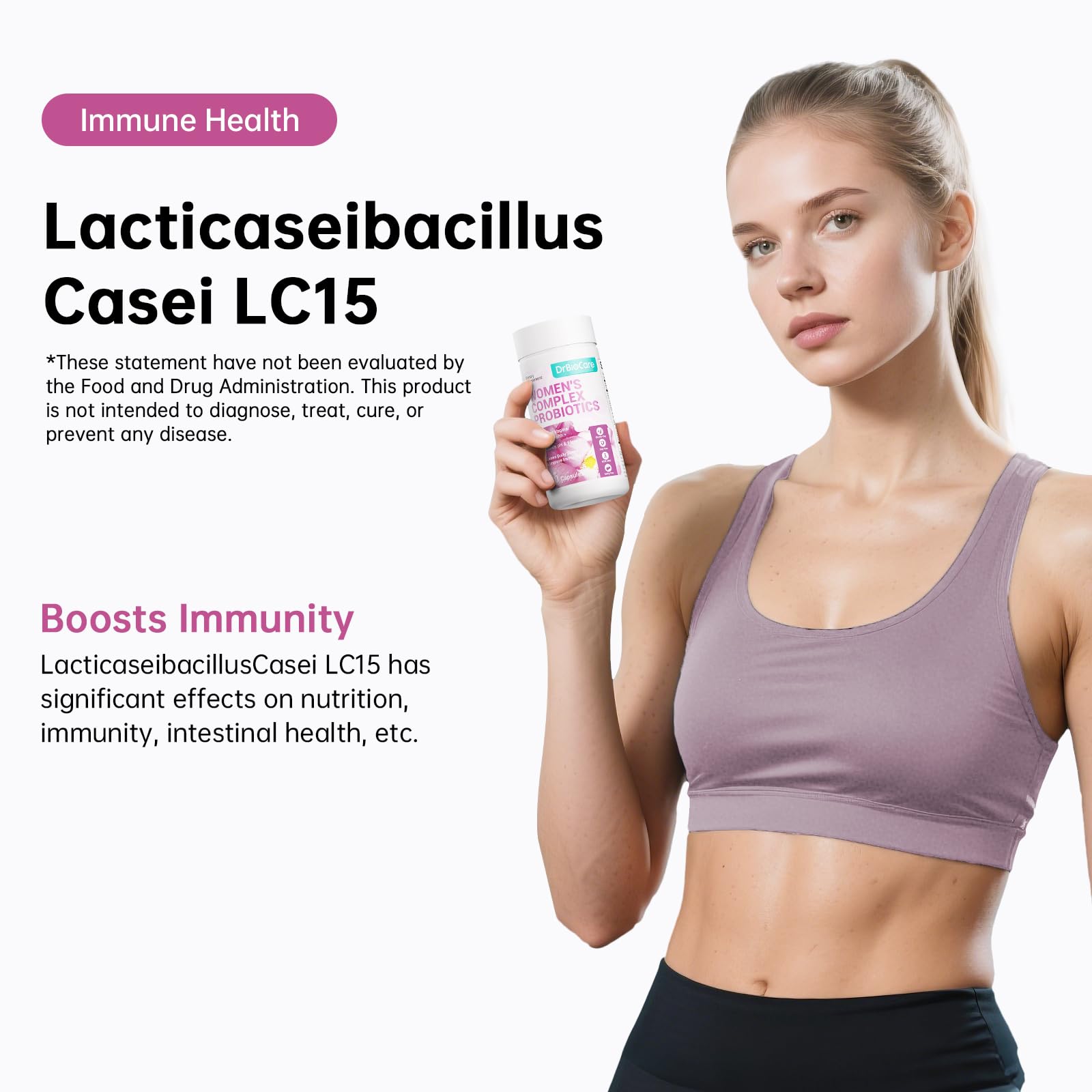 DrBioCare Non-GMO, gluten-free, soy-free, dairy-free capsule packaging.