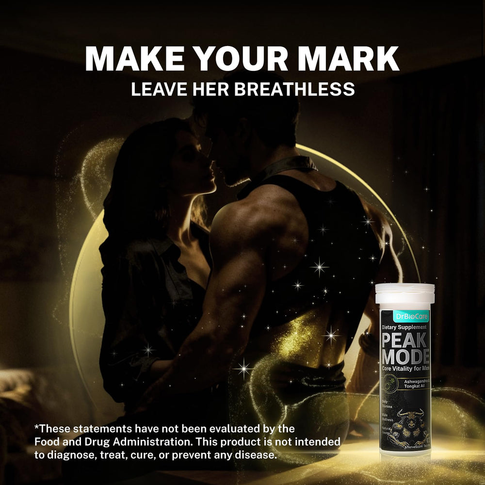 DrBioCare Peak Mode Core Vitality ingredients list featuring Tongkat Ali, Maca, Ashwagandha