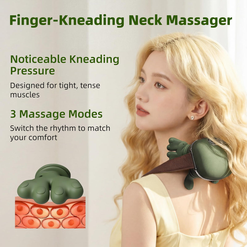 DR.BUNORDLE neck massager worn with adjustable strap for hands-free comfort.