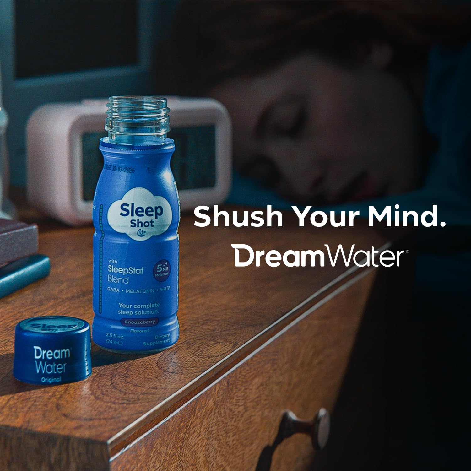 Dream Water Sleep Shot on nightstand ready for bedtime routine.