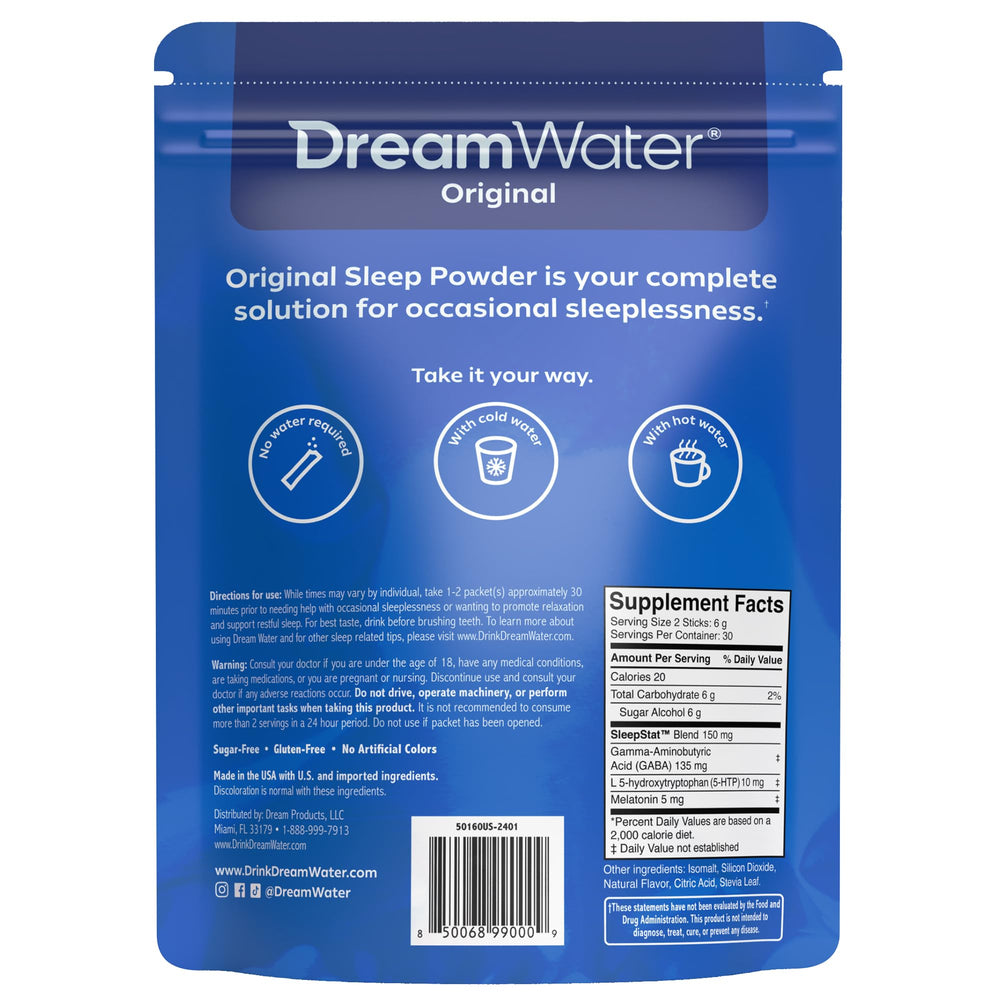 Dream Water Snoozeberry packaging close-up with sugar-free and gluten-free icons