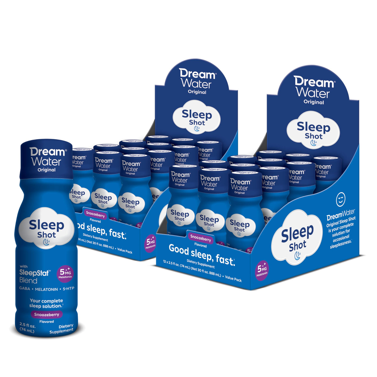 Dream Water Snoozeberry Shot bottle shows a quick, convenient sleep aid.