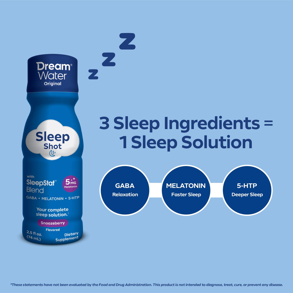 Dream Water Snoozeberry Shot label highlights natural Snoozeberry flavor and zero calories.