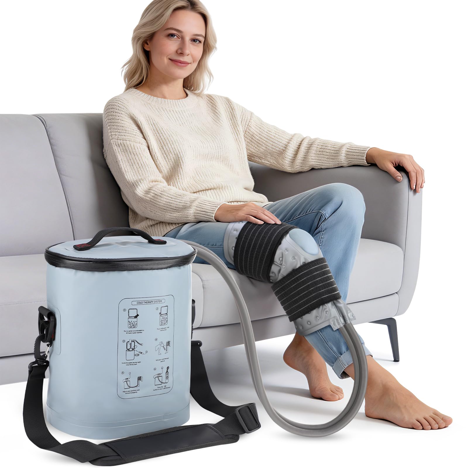 DREAMSOME knee cold therapy setup with bottles for convenient home recovery.