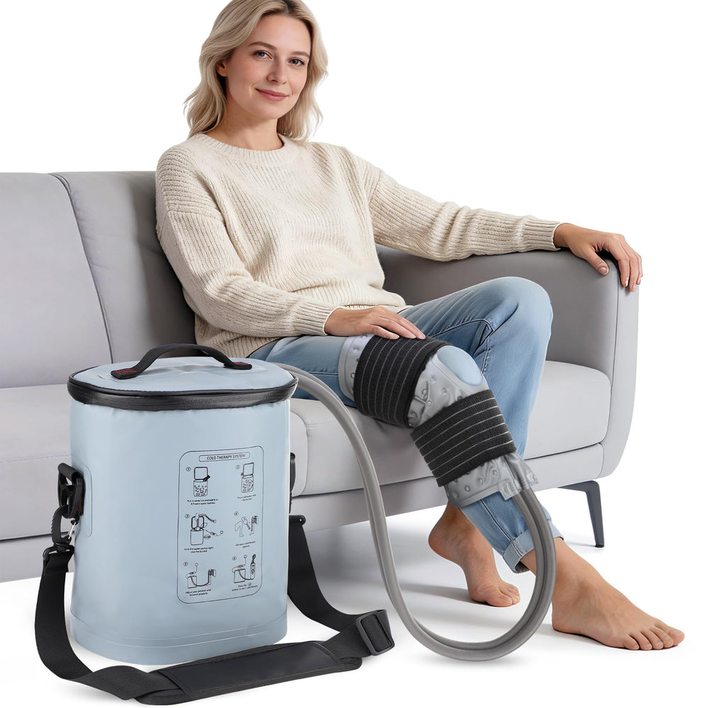 DREAMSOME knee cold therapy setup with bottles for convenient home recovery.