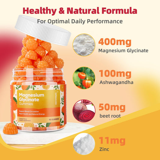 DREAVIO magnesium glycinate gummies closeup with ashwagandha for stress-ready evenings.