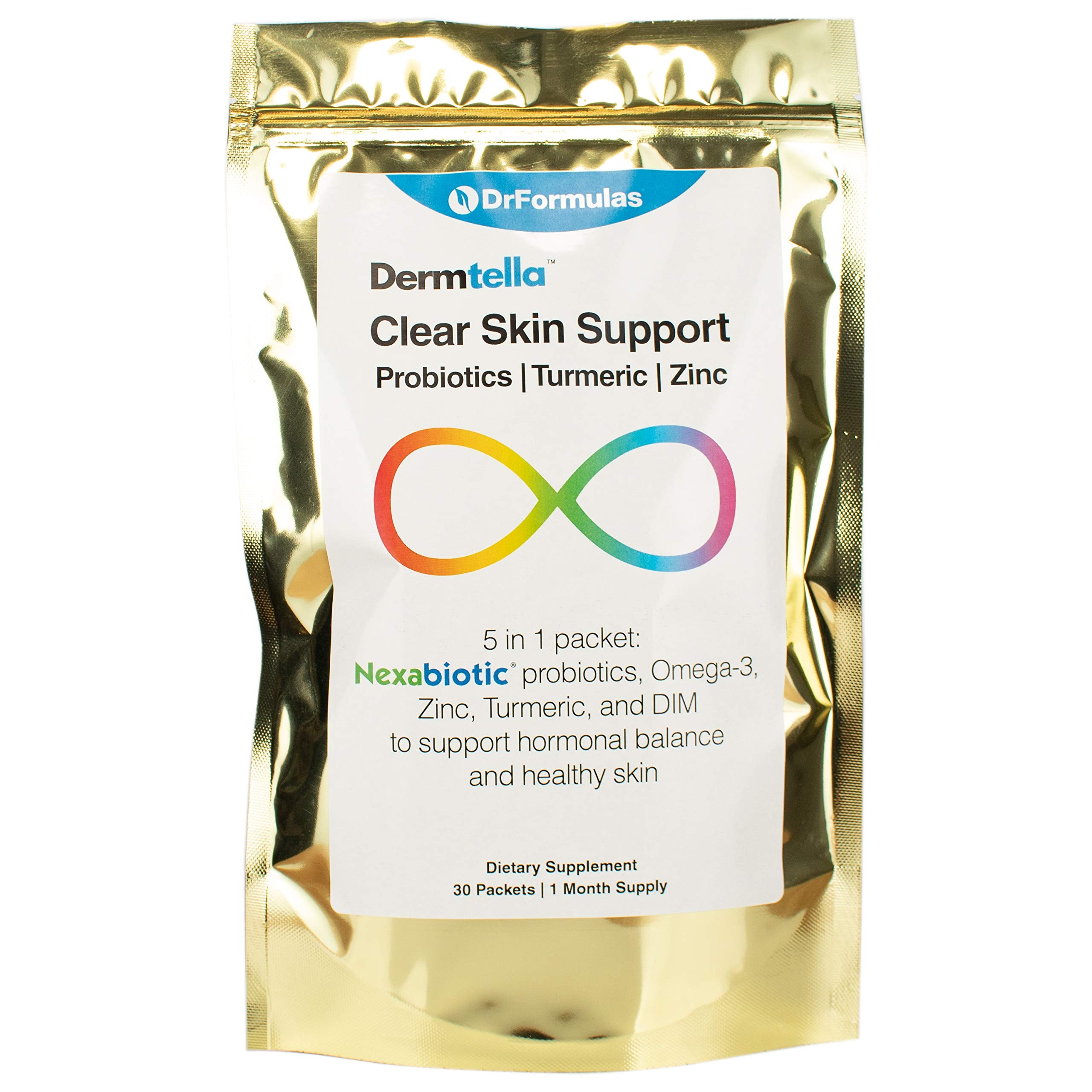 DrFormulas Dermtella bottle with Nexabiotic Probiotics promoting gut balance and skin support
