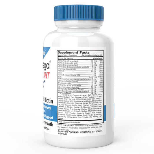 Closeup of HairOmega DHT Blocker pills with Biotin 5000 mcg