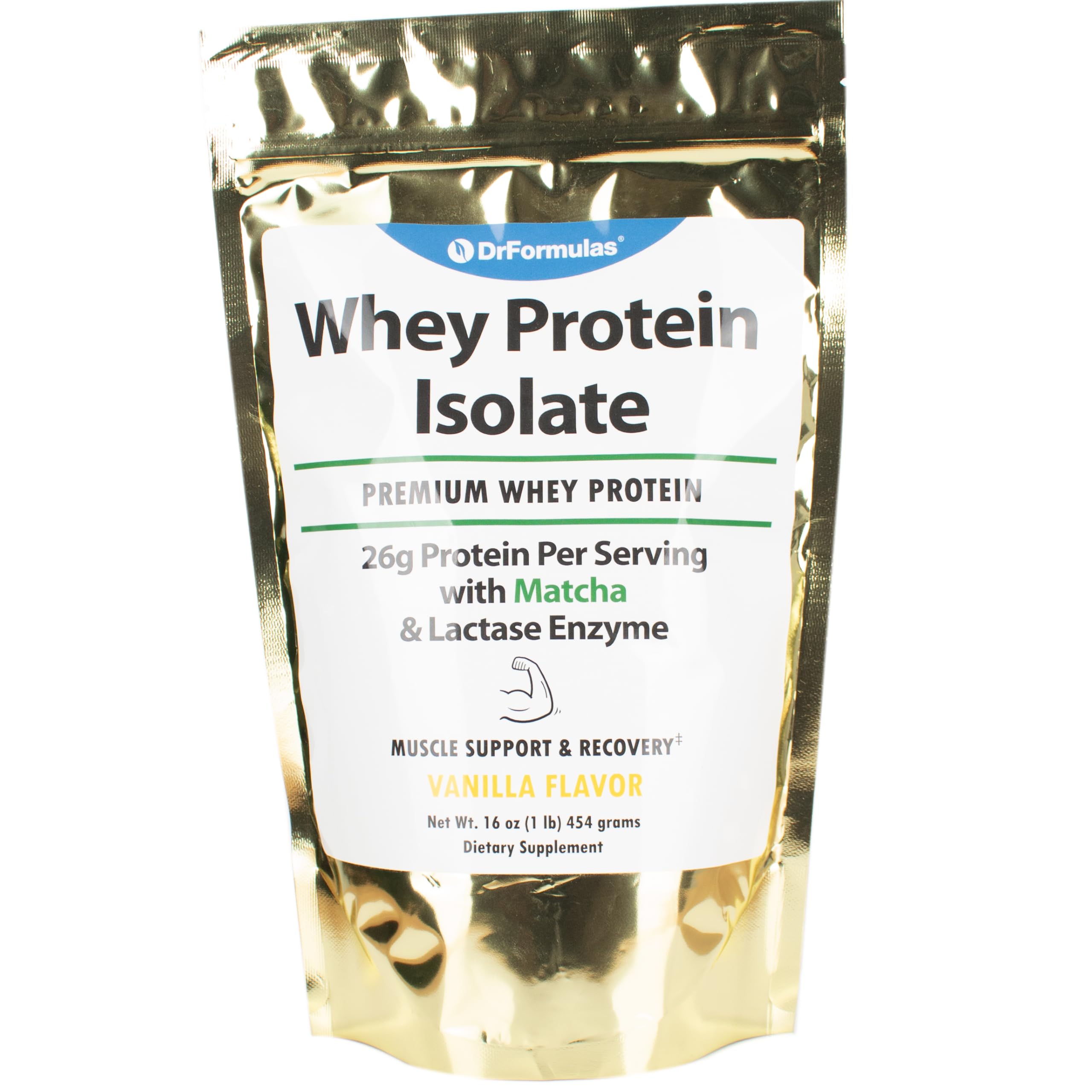 DrFormulas lactose-free whey isolate bottle shows 26 g protein per serving for lean muscle support