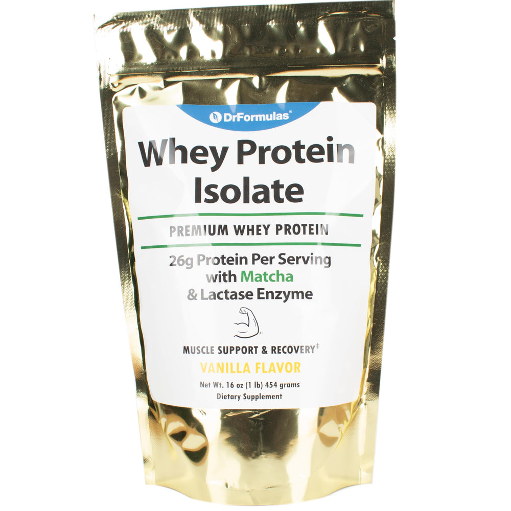DrFormulas lactose-free whey isolate bottle shows 26 g protein per serving for lean muscle support