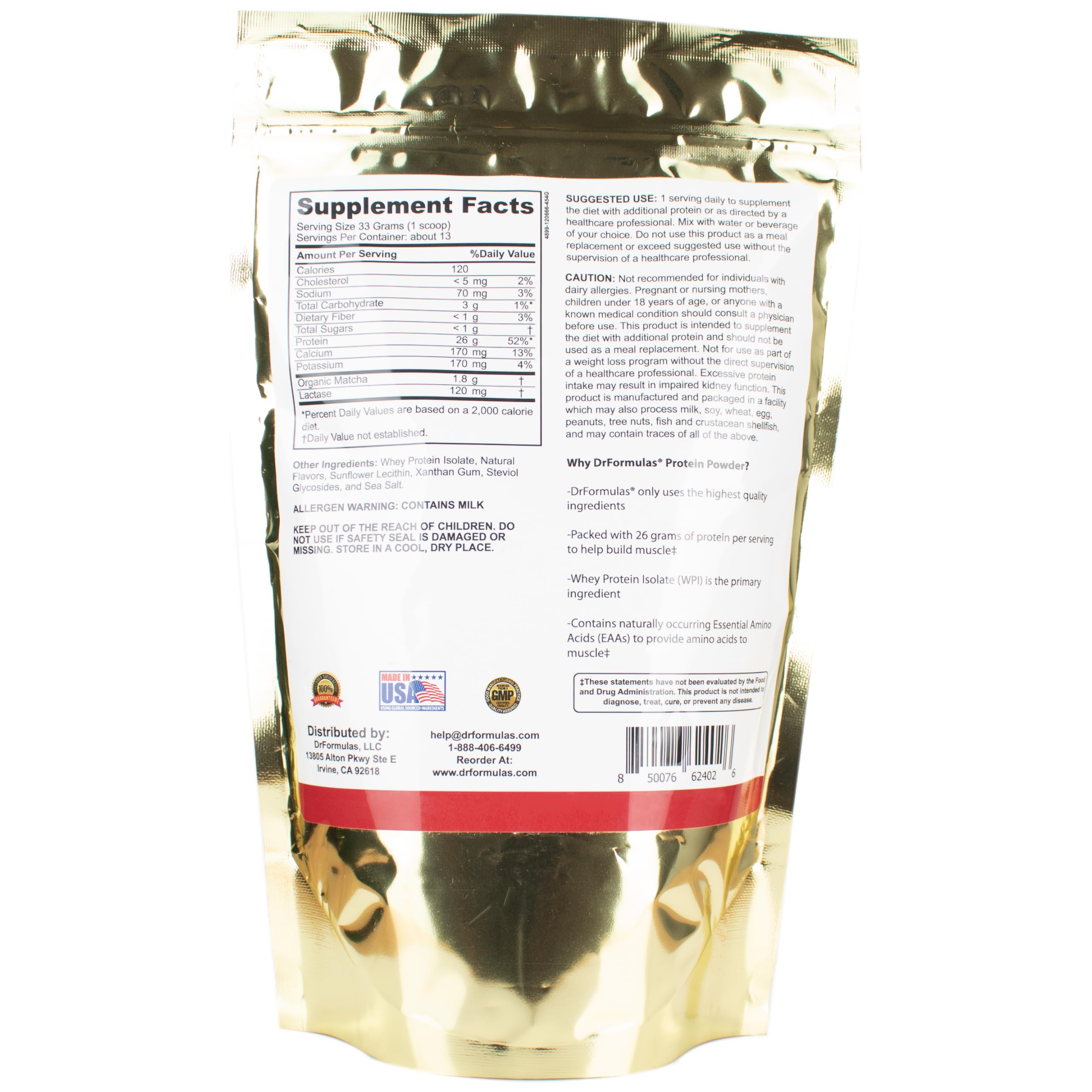 DrFormulas matcha latte flavor scoop highlights smooth mixing and lactose-free formula