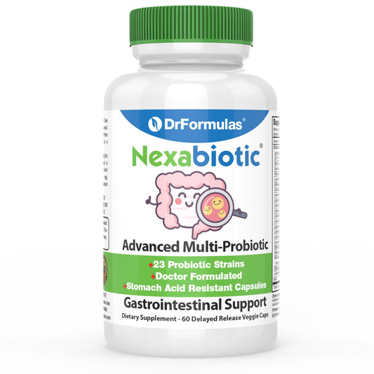DrFormulas Nexabiotic bottle shows 60 capsules for daily gut balance