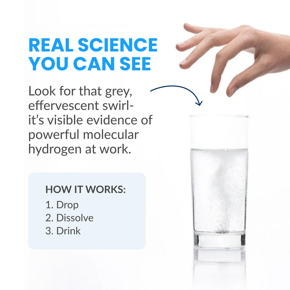 DRINK HRW Rejuvenation tablet dissolving, hydrogen molecules ready for energy support.