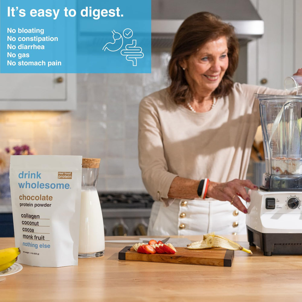 Drink Wholesome chocolate collagen powder tub showing gluten-free and dairy-free benefits
