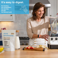 Drink Wholesome chocolate collagen powder tub showing gluten-free and dairy-free benefits