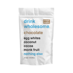 Drink Wholesome Chocolate Egg White Protein Powder tub showing gluten-free and dairy-free labeling for sensitive stomachs