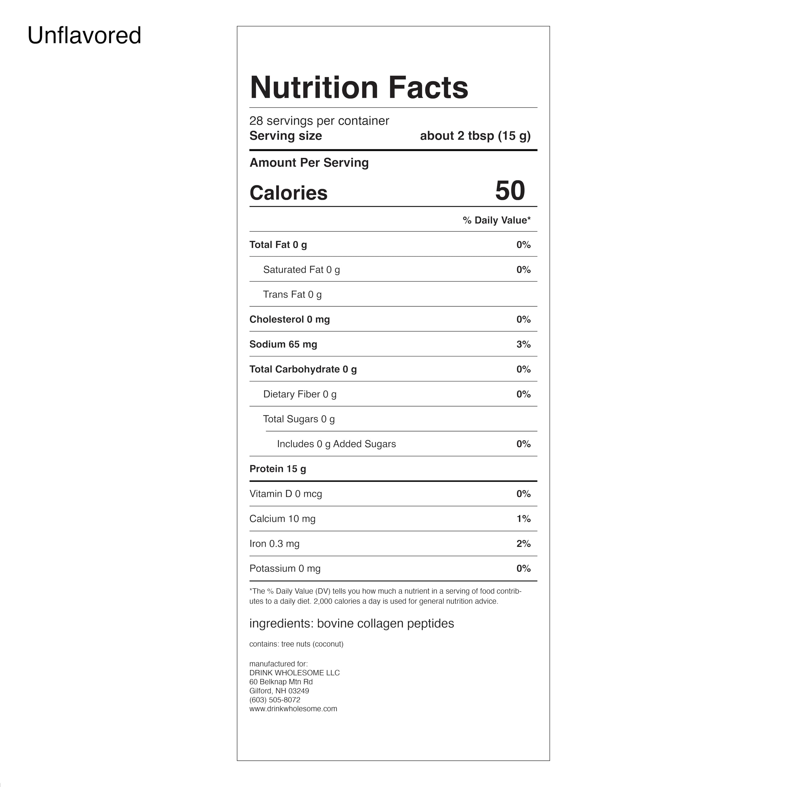 Drink Wholesome collagen powder nutrition label highlights gluten-free and dairy-free.