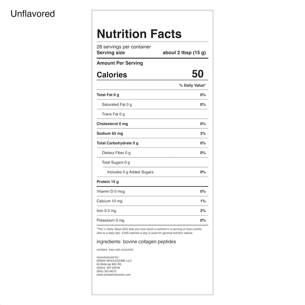 Drink Wholesome collagen powder nutrition label highlights gluten-free and dairy-free.
