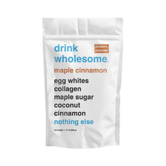 Drink Wholesome Maple Cinnamon Egg White Protein Bottle showing a dairy-free option for sensitive stomachs