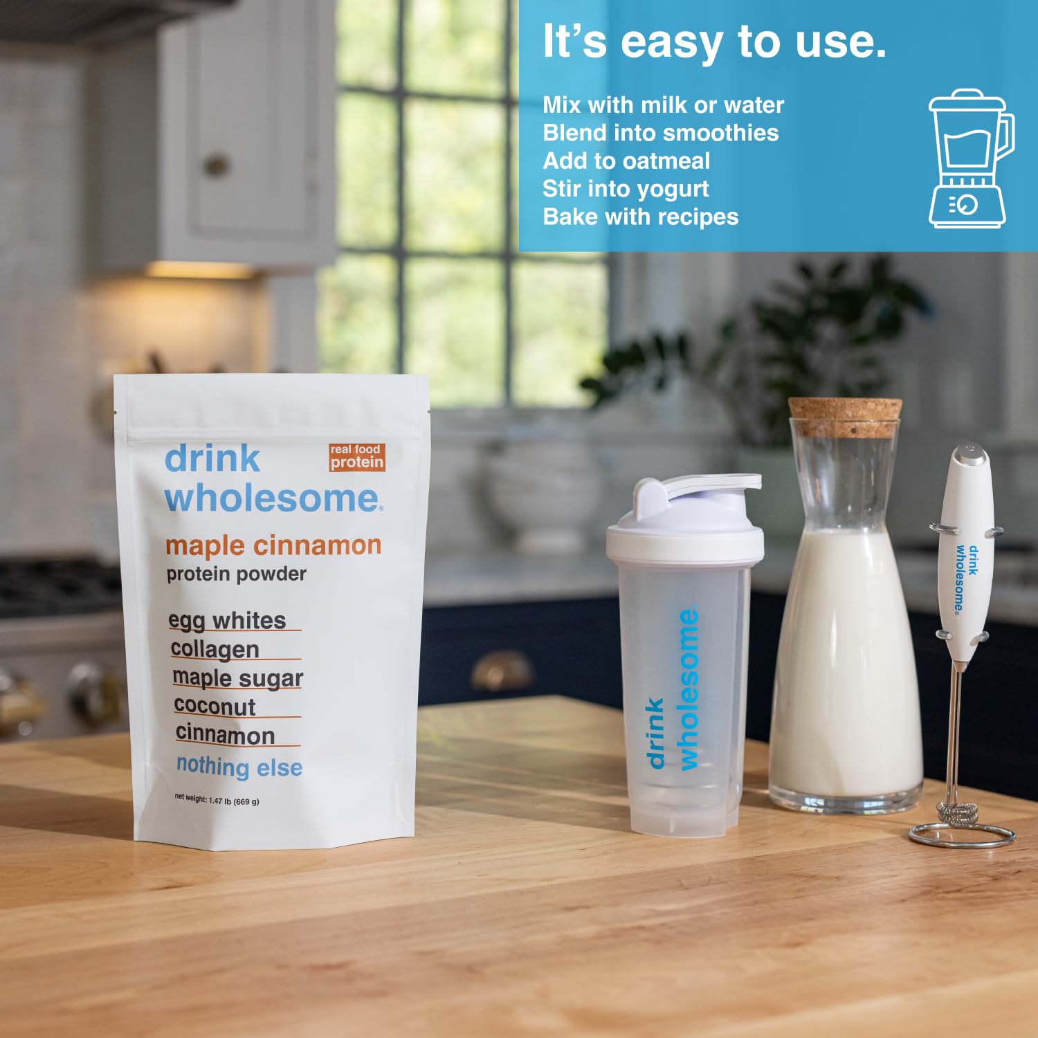Ingredients panel of Drink Wholesome protein powder highlighting gluten-free and dairy-free