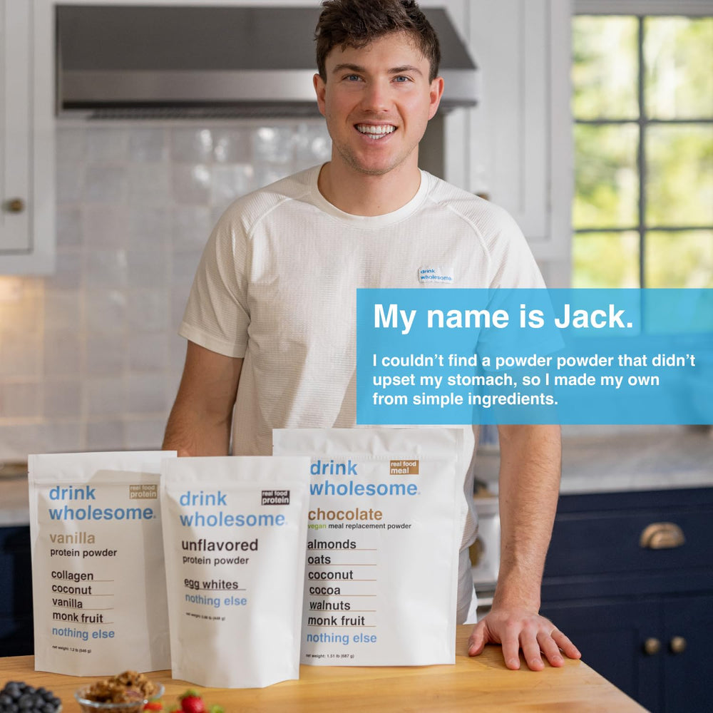 Close-up of Drink Wholesome label emphasizing low FODMAP and simple formula