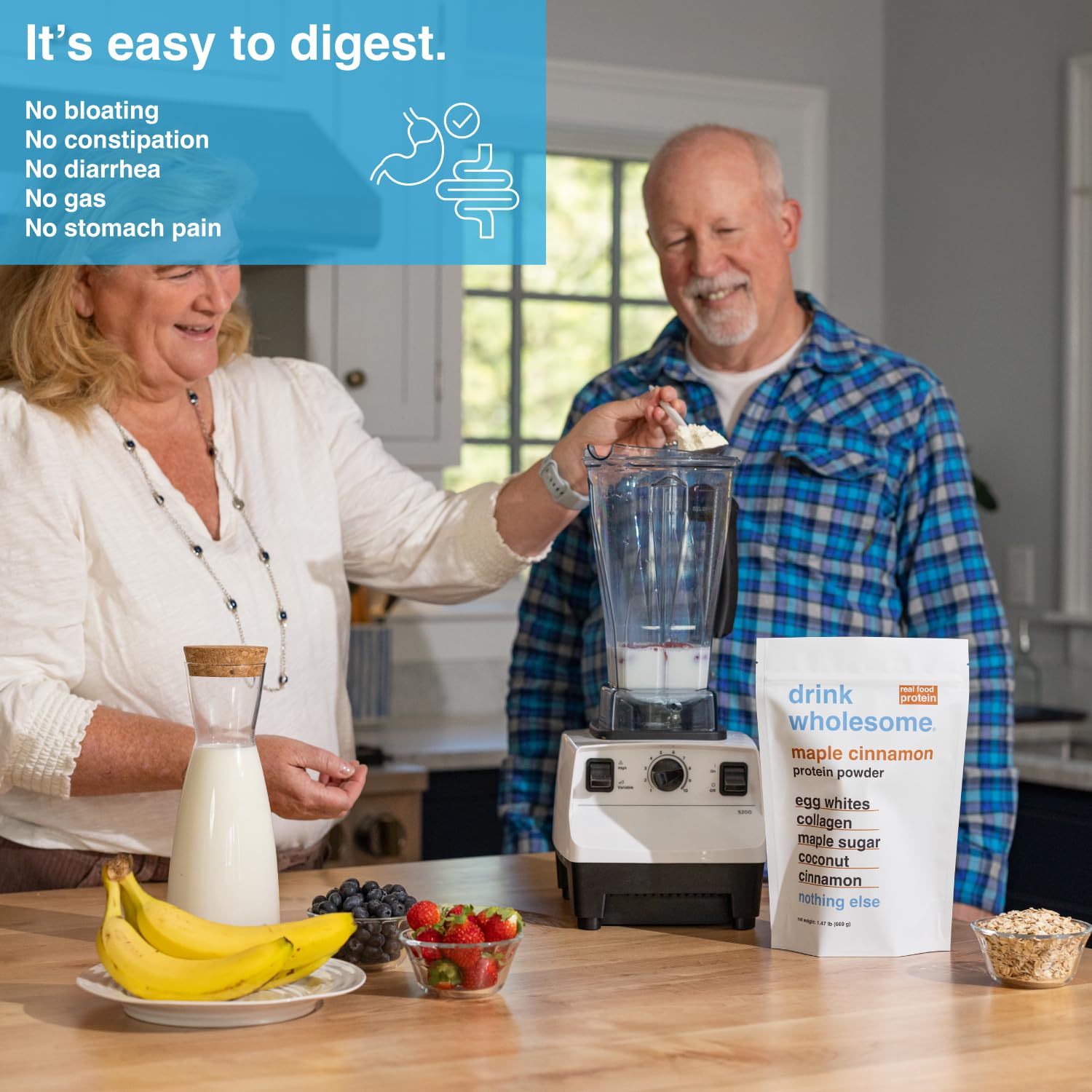 Shake glass with Drink Wholesome Maple Cinnamon Egg White Protein for easy mixing